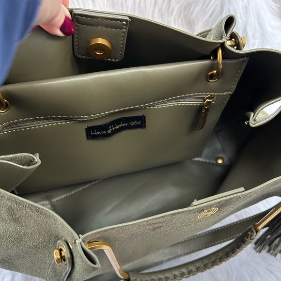 HOUSE OF HARLOW 1960 Luxe Suede Olive Green and Gold Satchel - Picture 7 of 9